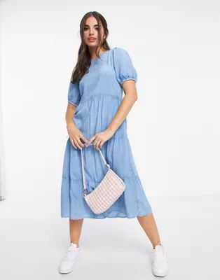 Influence tiered midi dress in chambray | ASOS (Global)