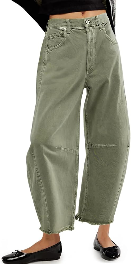Allimy Womens High Waisted Barrel Horseshoe Baggy Jeans Trendy 2025 with Raw Hem Non Stretch | Amazon (US)