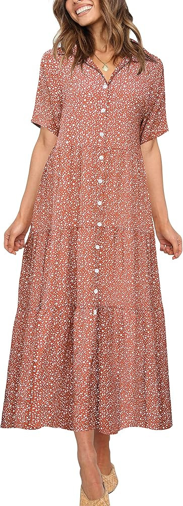 PeoKia Casual Boho Long Dress for Women Summer Short Sleeve Polka Dot Ruffle High Waist Midi Beach D | Amazon (US)