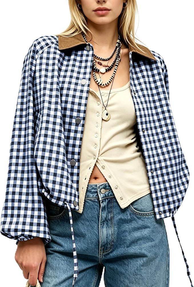 Women Gingham Jacket Corduroy Collar Shacket | Amazon (US)