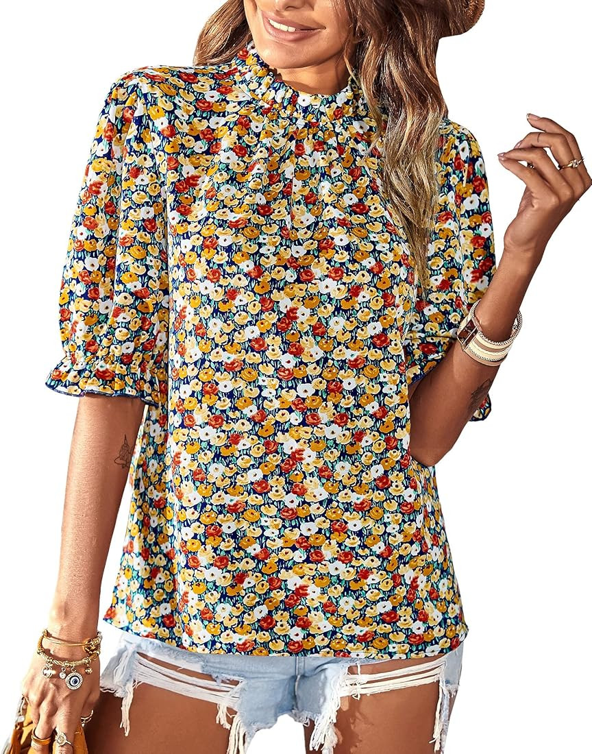 BTFBM Women's Summer Boho Shirt Top Ruffle Short Sleeve Frill Trim Mock Neck Floral Solid 2023 Ca... | Amazon (US)