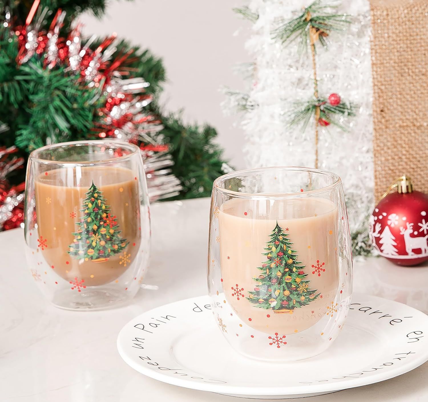 FANTESTICRYAN Christmas Coffee Mugs Set of 2, Double Walled Glass Espresso Cups for C... | Amazon (US)