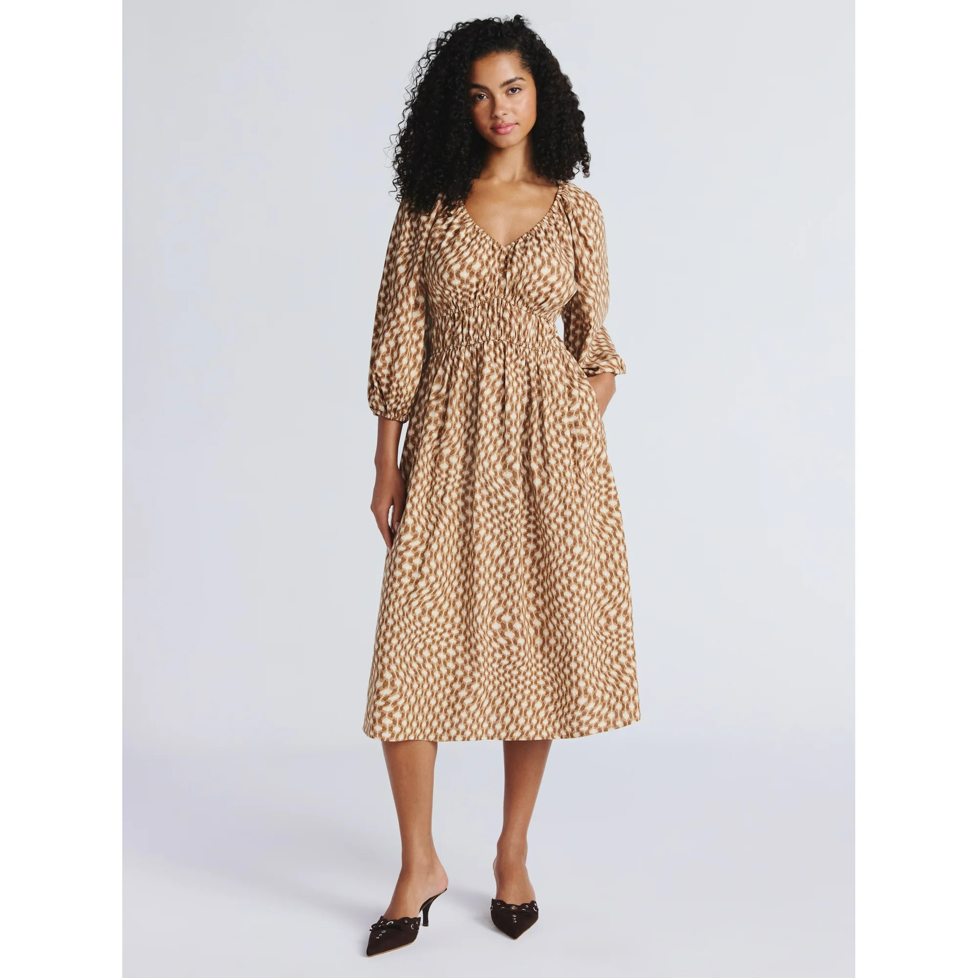 Time and Tru Women's Cinch Waist Midi Dress with Puff Sleeves, Sizes XS-XXXL | Walmart (US)