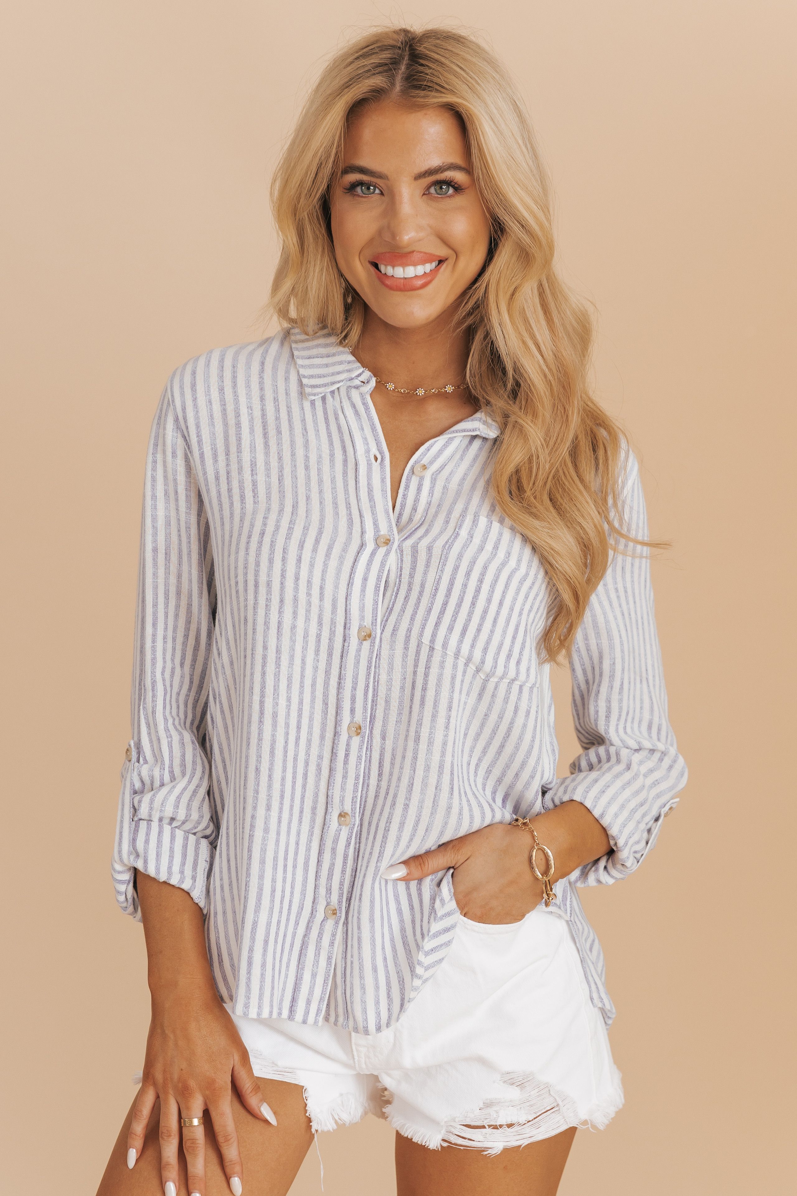 Denim Striped Button Down Shirt | Magnolia Boutique