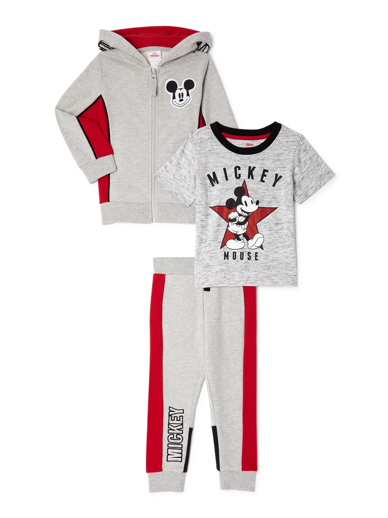 Disney Mickey Mouse Baby Boy & Toddler Boy Zip Hoodie, Short-Sleeve T-Shirt & Joggers, 3-Piece Ou... | Walmart (US)