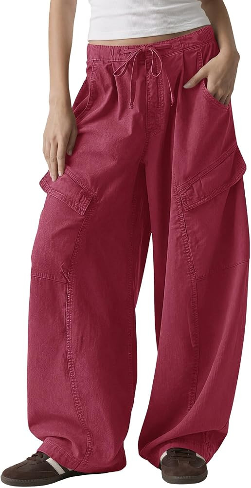Fisoew Womens Barrel Baggy Cargo Pants Elastic Waist Wide Leg Casual Pants Y2K Streetwear with Mu... | Amazon (US)