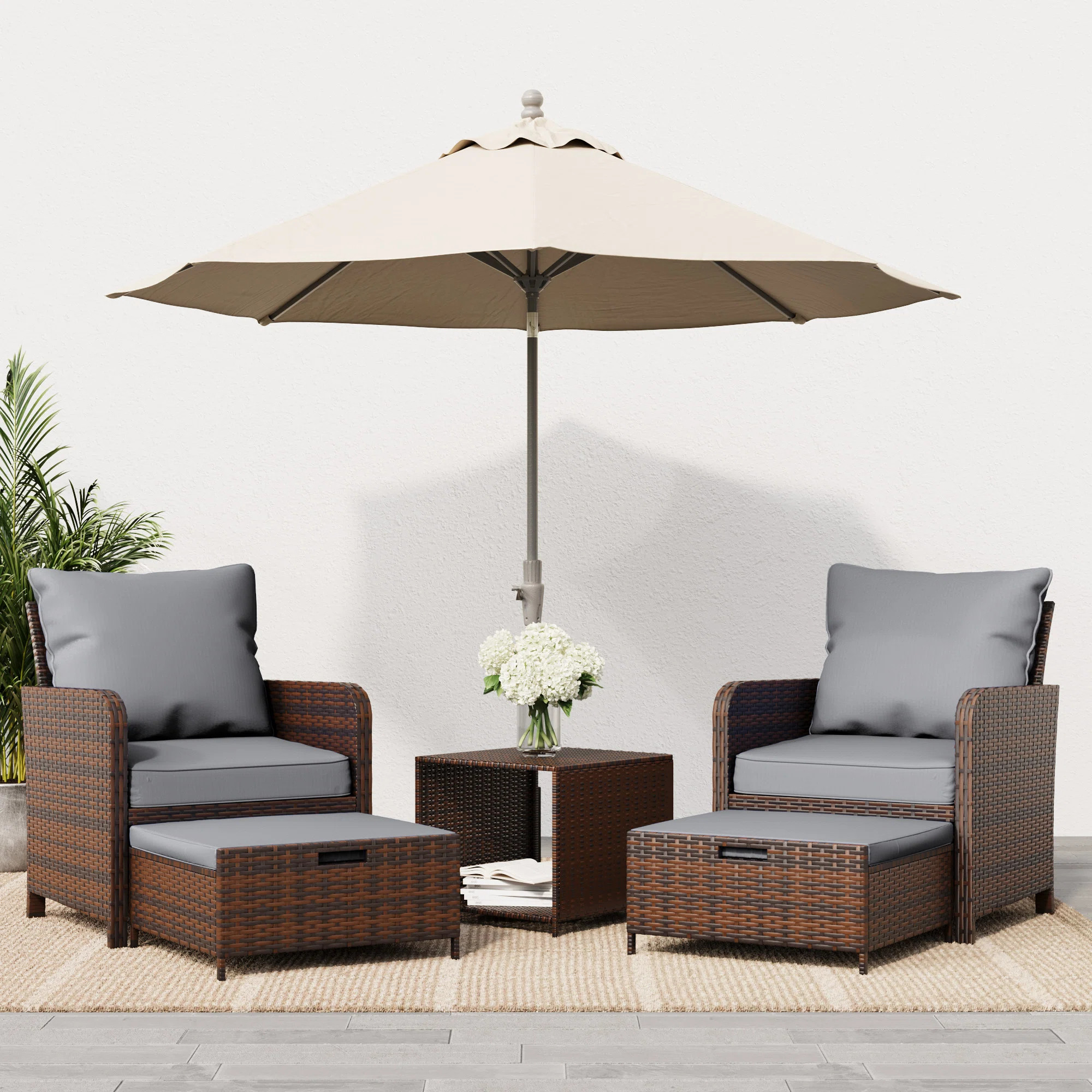 Idamarie 2 Person Wicker Rattan Outdoor  Conversation Set with Ottoman (no umbrella stand) | Wayfair North America