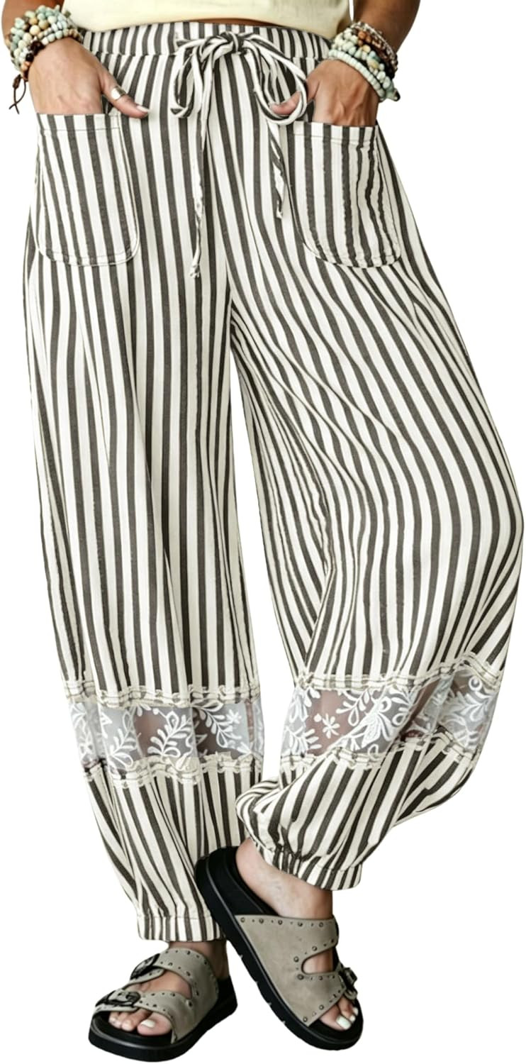 Yeokou Women Striped Harem Pants Lace Patchwork Drawstring Casual Trousers | Amazon (US)