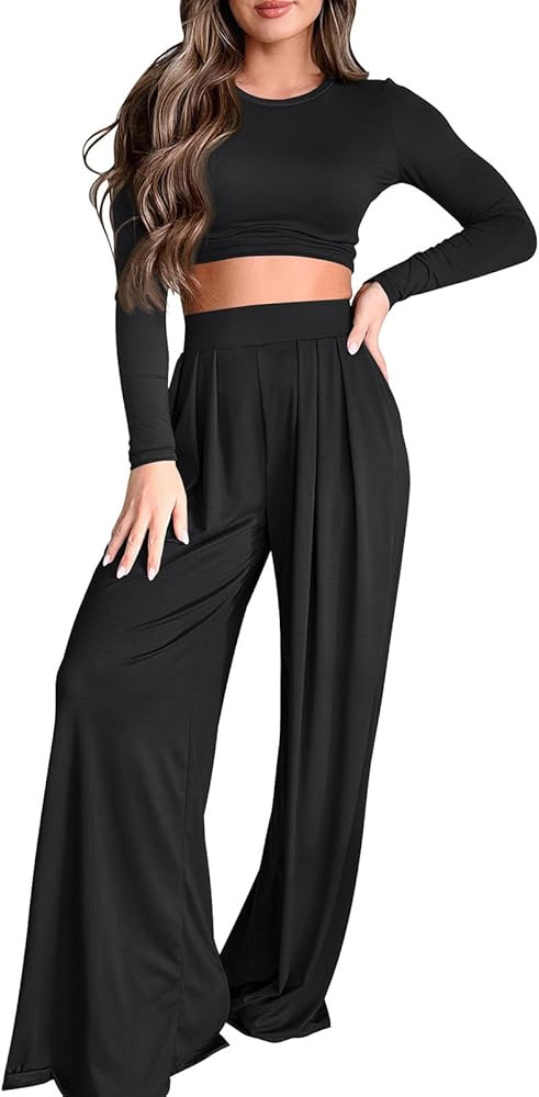 Womens 2 Piece Lounge Sets Fall Long Sleeve Crop Tops Two Piece Outfits Wide Leg Palazzo Pants Se... | Amazon (US)