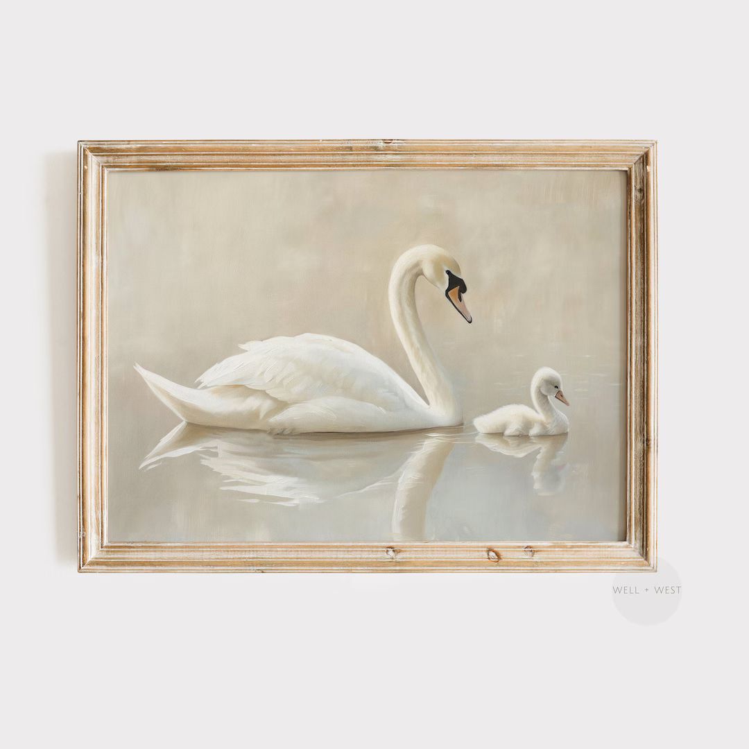 Swan Art Print Antique White Swan Painting Neutral Nursery Artwork Vintage Printable Wall Art Cou... | Etsy (US)