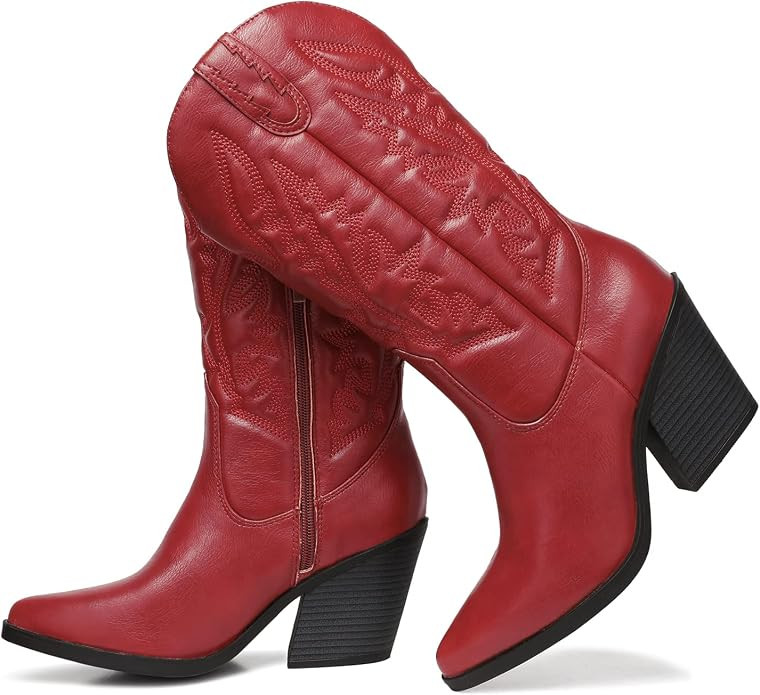 SHIBEVER Cowgirl Boots for Womens Western: Cowboy Pointy Toe Chunky Heel Embroidered Mid Calf Boo... | Amazon (US)