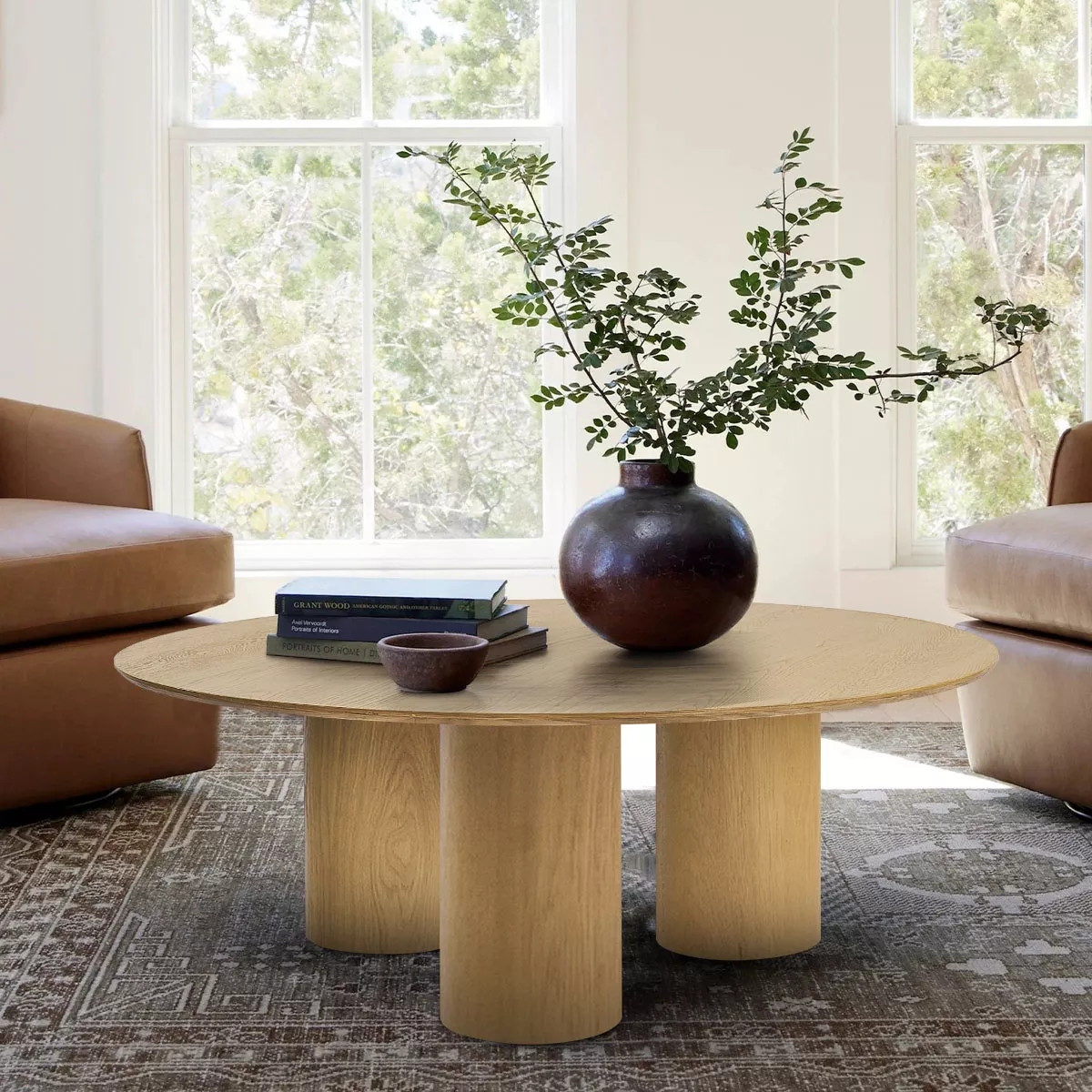 40" Black Drum Coffee Table,Round Black Coffee Table Architectural Design Rich White Oak Wood Wit... | Target