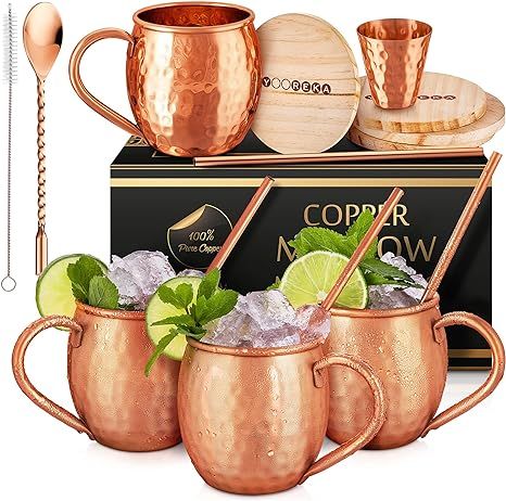 [Gift Set] Moscow Mule Mugs Set Of 4 16 oz Pure Solid Genuine , HANDCRAFTED , Copper Cups , BONUS... | Amazon (US)