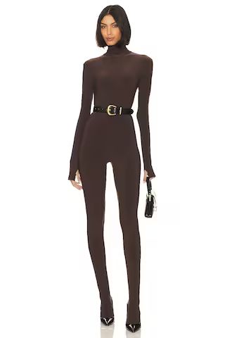 Norma Kamali Slim Fit Turtle Catsuit With Footsie in Chocolate from Revolve.com | Revolve Clothing (Global)