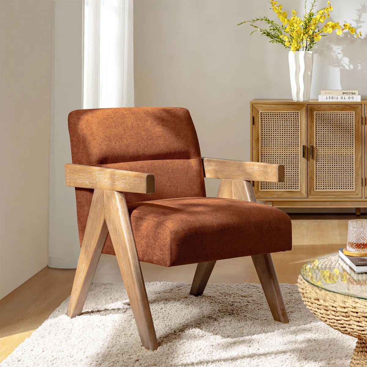 Donohoe Mid-Century Modern Accent Chair With Curved Wood Arms | Wayfair North America