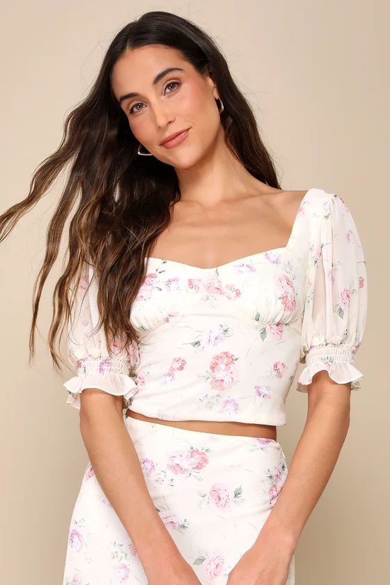 Cherished Perfection Cream Floral Print Puff Sleeve Crop Top | Lulus