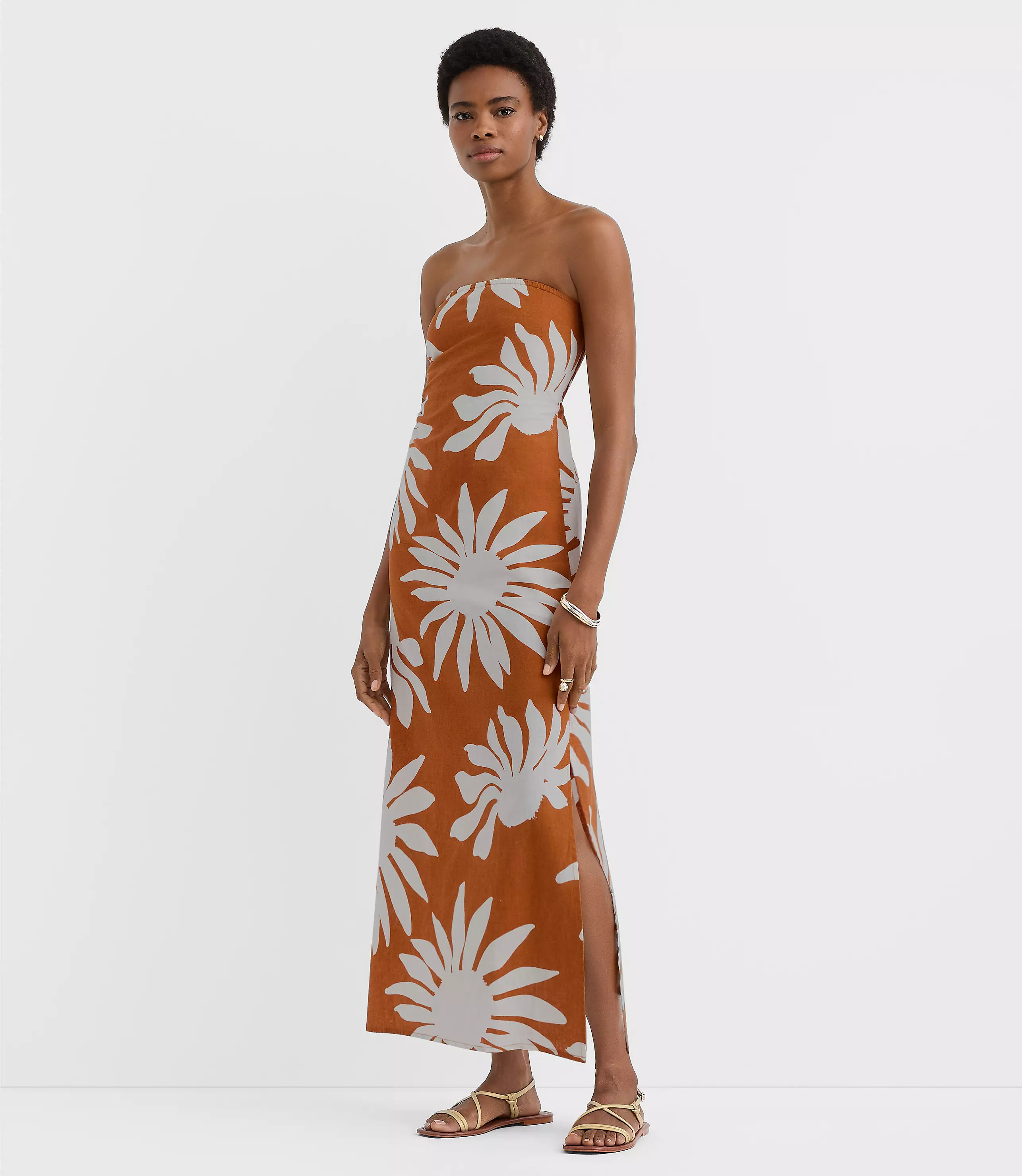 Petite LOFT Beach Floral Side Ruched Linen Cotton Strapless Maxi Dress | LOFT