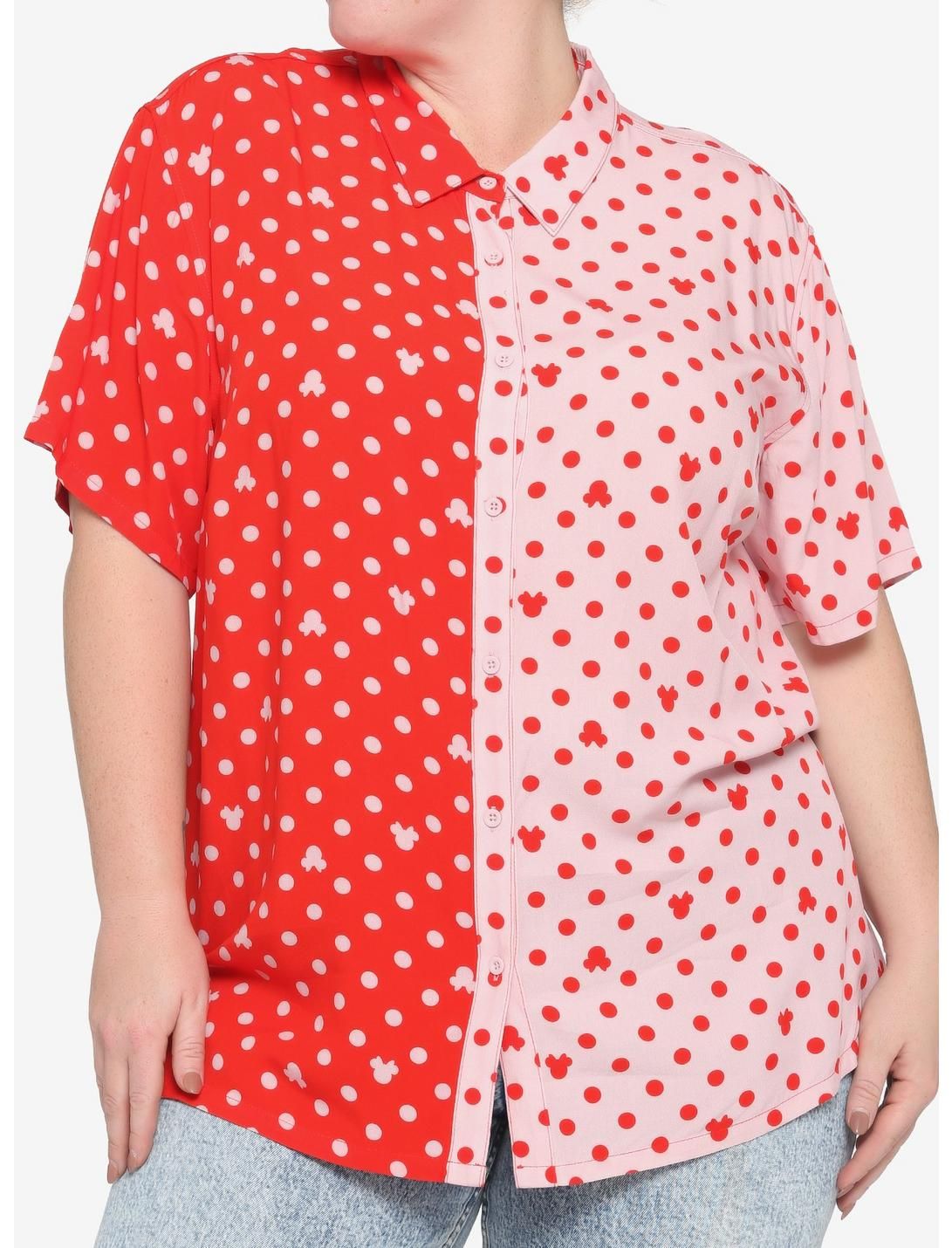 Her Universe Disney Minnie Mouse Polka Dot Split Girls Woven Button-Up Plus Size | Hot Topic