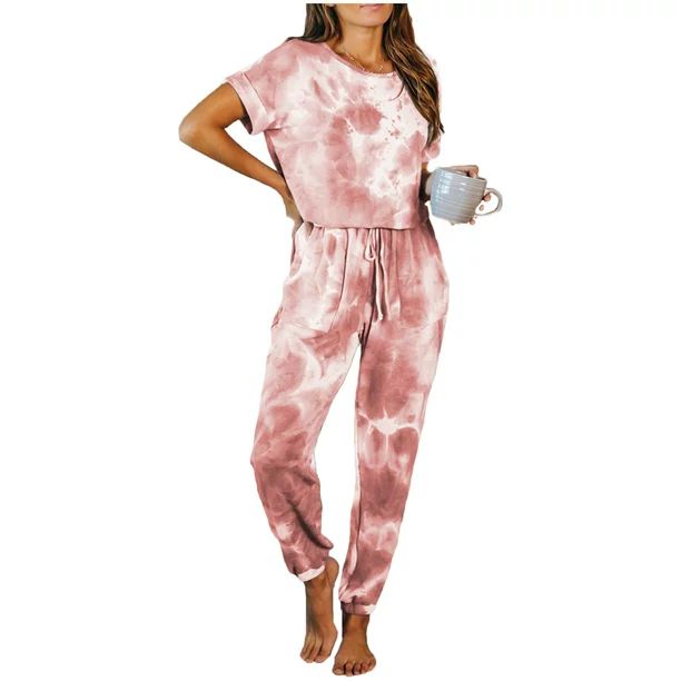 Selfieee Women's Tie Dye Pajamas Long Sets V-Neck Short Sleeve Pants Sleepwear Pj Sets 30044 Red ... | Walmart (US)