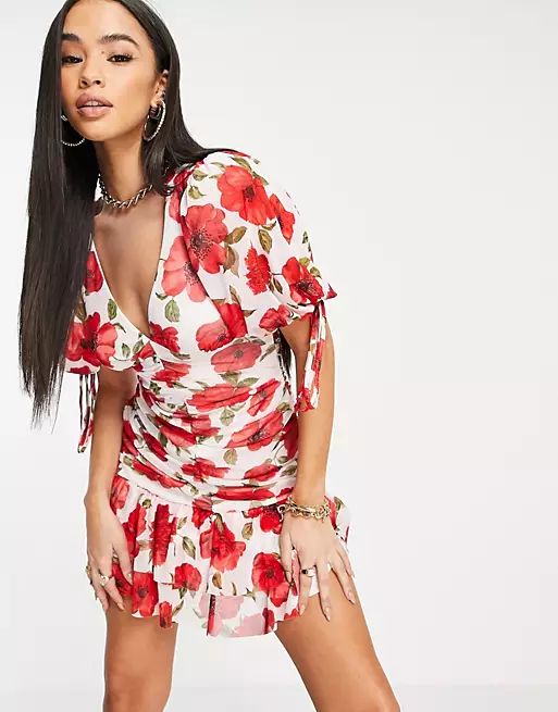 ASOS DESIGN puff sleeve ruched pep hem skater mini dress in floral print | ASOS | ASOS (Global)