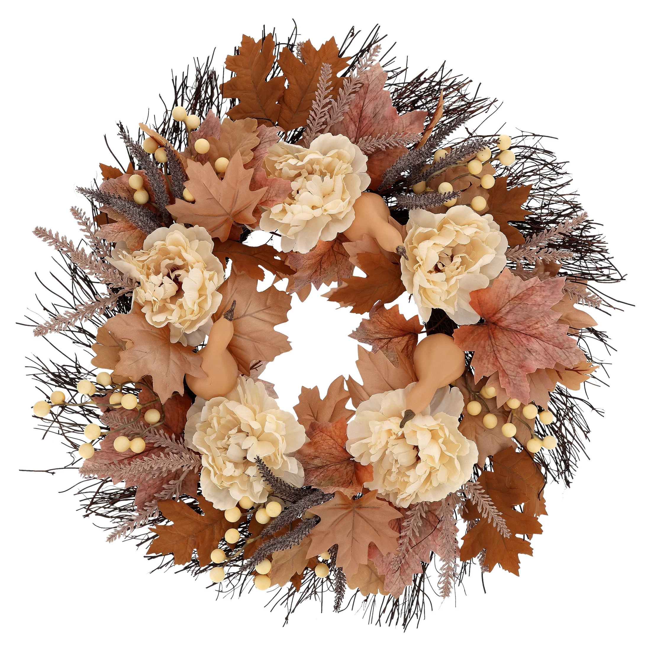 Maple Leaves and Peony Wreath, Cream and Brown, 22", Fall by Way To Celebrate | Walmart (US)