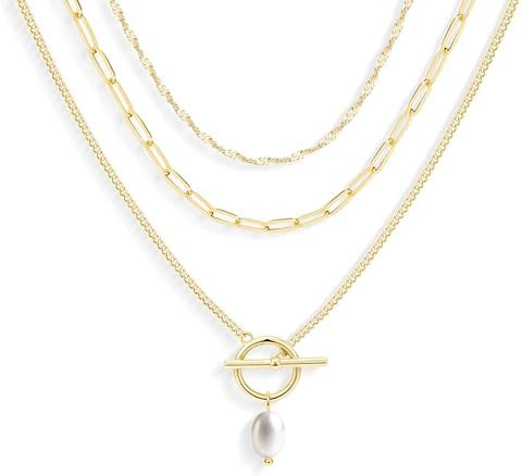 Poxtex Layered Gold Necklaces for Women, Stackable Dainty 14K Gold Silver Plated Trendy Simple He... | Amazon (US)