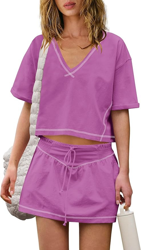 LAMISSCHE Womens 2 Piece Workout Sets Athletic Gym Sets Crop Top And Skirt With Shorts Set Active... | Amazon (US)