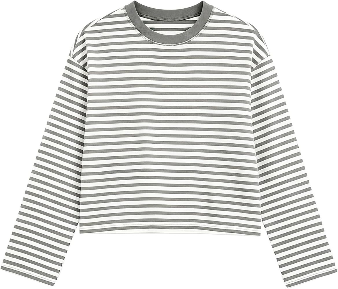 KOSUSANILL Women Oversized Striped Long Sleeve Shirt Crewneck Cropped Tops Drop Shoulder Y2K Prep... | Amazon (US)