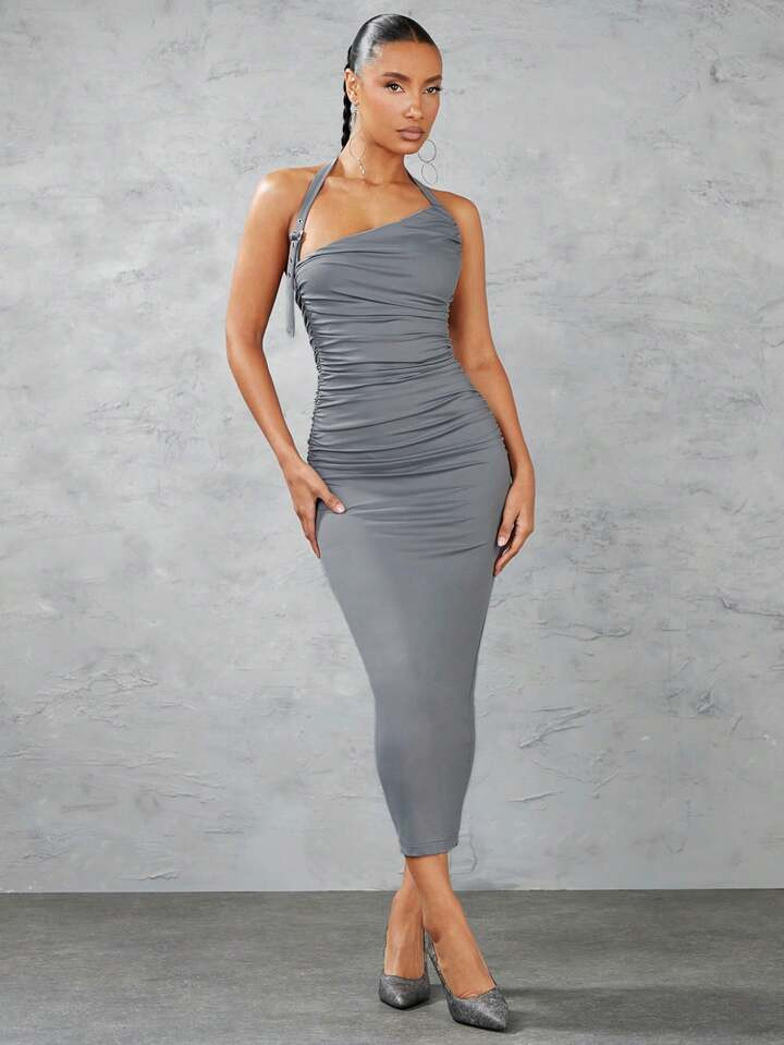 SHEIN BAE Solid Color Tight-Fitting Hip Package Dress With Pleated Detail, Decorated With Hanging... | SHEIN