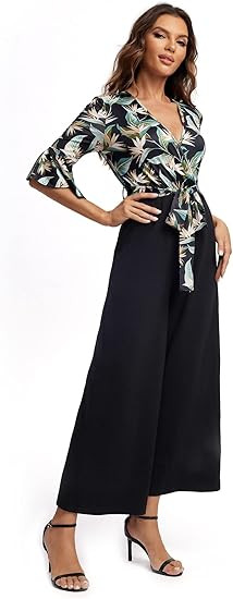 SweatyRocks Women's Wrap Deep V Neck High Waist Long Pants Romper Jumpsuit | Amazon (US)