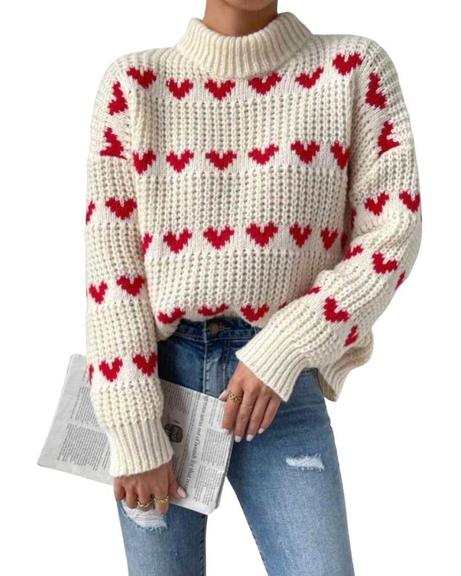 ebossy Women's Cute Heart Cable Knit Pullover Mock Neck Long Sleeve Loose Sweater Top (L, Beige) | Amazon (US)