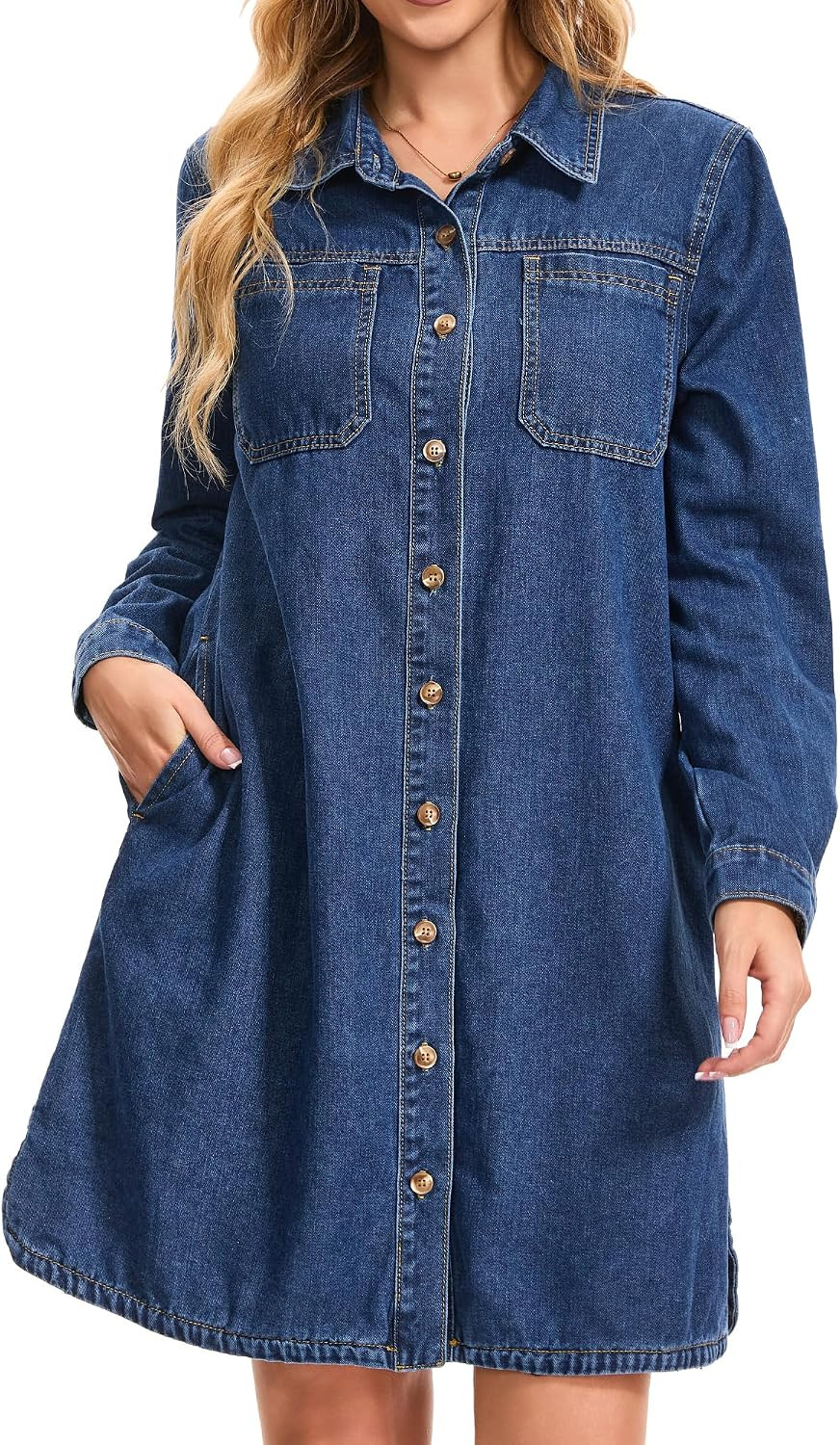 Women Long Sleeve Denim Dresses Knee Length Button Down A Line | Amazon (US)