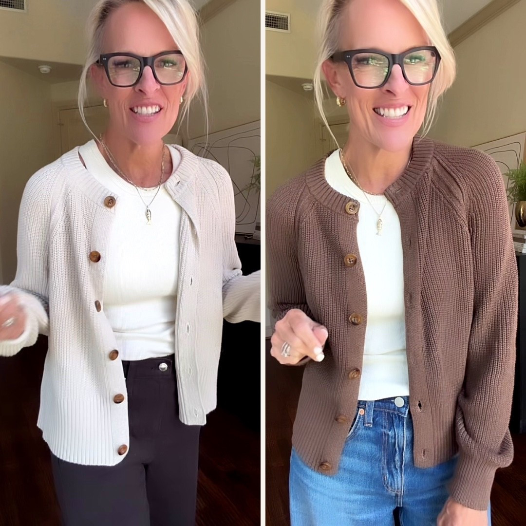 A good cotton cardigan is one of those wardrobe basics that makes getting dressed so much easier. I’m styling this Target Iconic Cotton Cardigan in two colors, and I love how effortlessly it layers over a simple tank with jeans or casual pants. Such a comfortable, classic piece for errands, lunch, travel, or those always-freezing indoor spaces. Which color would you choose? 🤍🤎

💡 LTK MADE EASY
❤️ Heart = Support my posts!
🔖 Save = Get sale & restock alerts
📋 Lists = Keep favorites organized
📲 Share = Send lists and products to a friend. Hello, Christmas List!
💬 Comment = Ask me anything about what I’m wearing.:-)

#LTKootd #LTKOver40 #LTKSeasonal