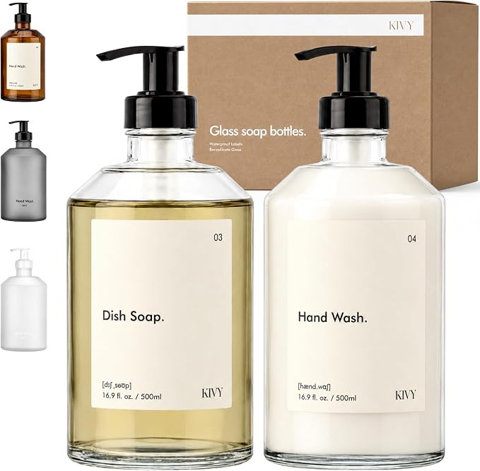 KIVY Glass Soap Dispenser Set 2X 16oz - incl. Waterproof Labels - with Pump | Amazon (US)
