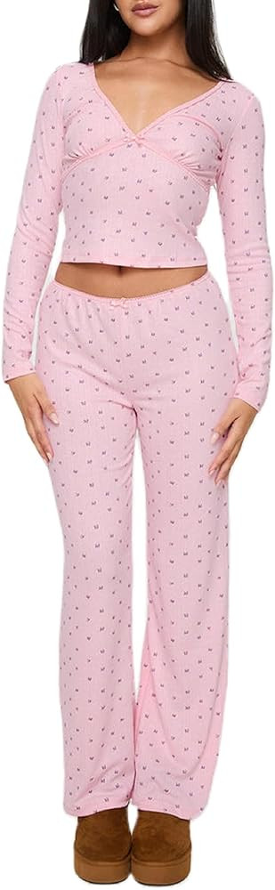 ROAONOCOMO Women Y2K Floral 2 Piece Lounge Set Long Sleeve Fitted Tee Shirt Top Wide Leg Long Pan... | Amazon (US)