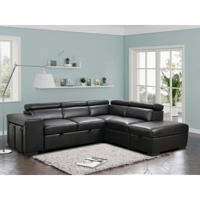 103" Wide Faux Leather Sectional Sleeper Sofa With Adjustable Headrest ,Sleeper Sectional Pull Out Couch Bed With Storage Ottoman And 2 Stools | Wayfair North America