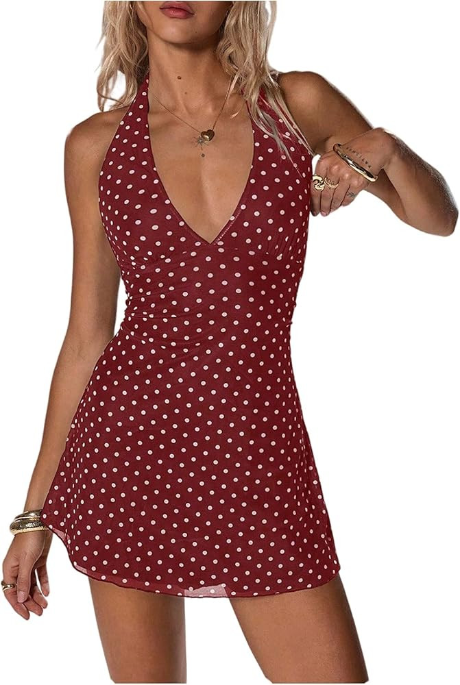 Women's Polka Dots Halter Mini Dress Y2k Tie Backless Sleeveless A Line Party Rave Dresses | Amazon (US)