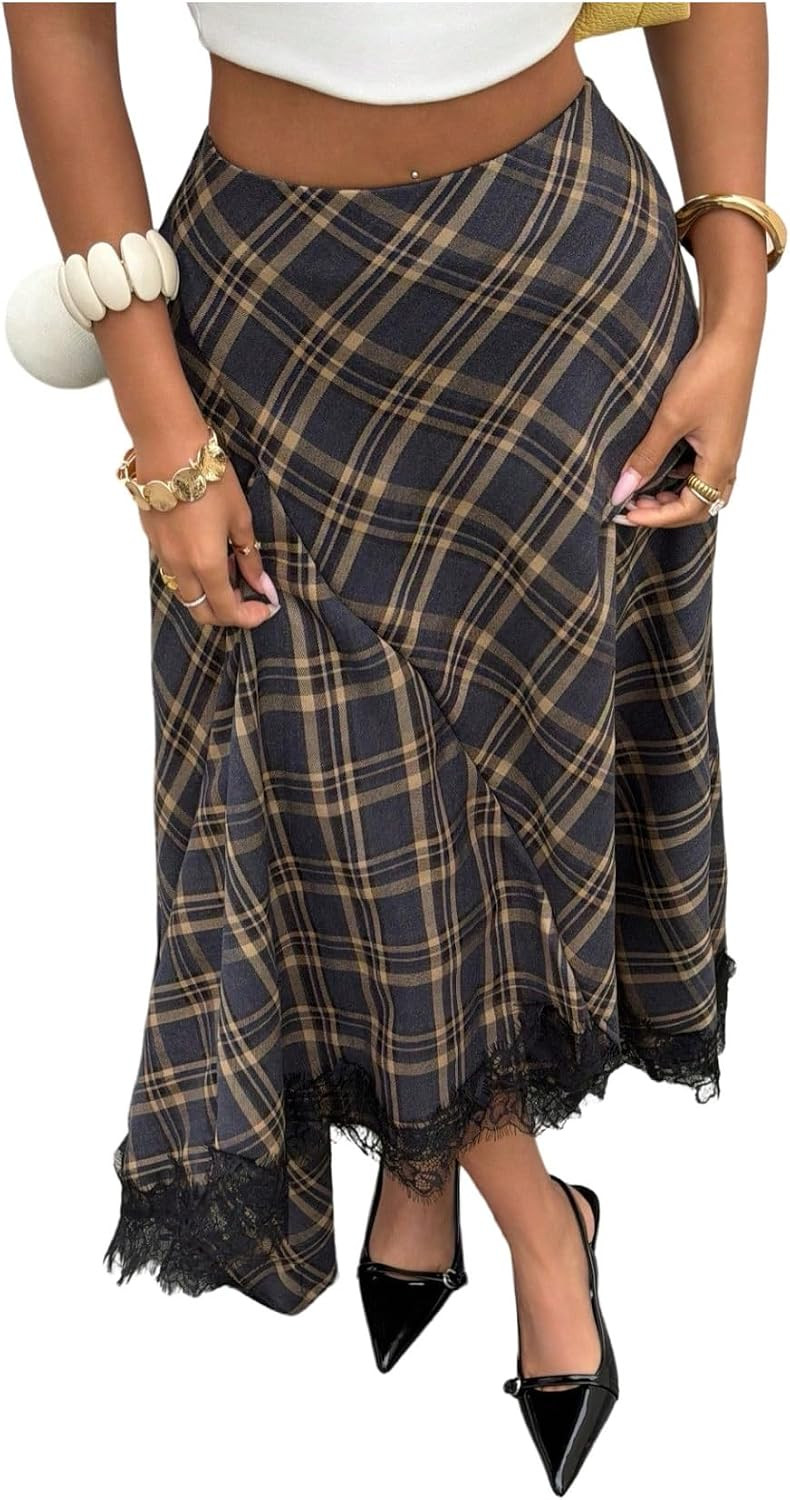 RoseSeek Women's Plaid Lace Midi Skirt Flowy Going Out Long Skirts | Amazon (US)