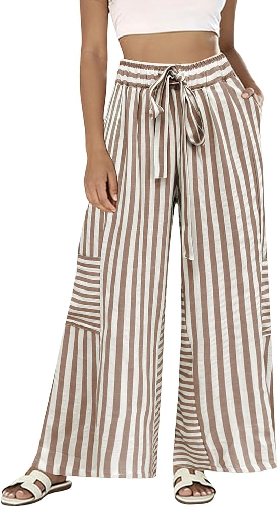 Bankeng Womens Summer Casual Striped Pants Loose Wide Leg Lounge Pants Elastic Waist Palazzo Trou... | Amazon (US)