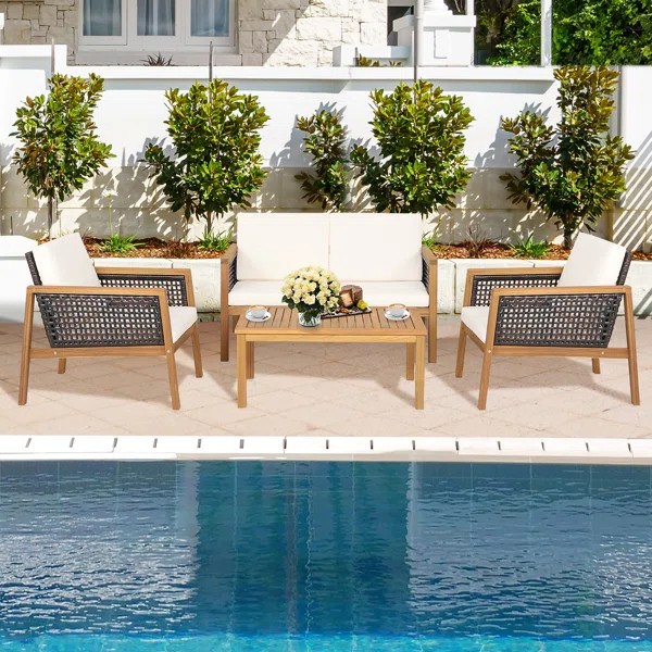 Solid Wood 4 - Person Seating Group with Cushions | Wayfair North America