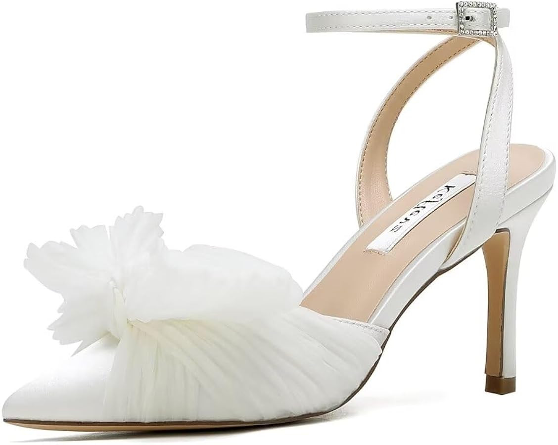 Bow Knot Wedding Shoes for Bride Pointed Toe Wedding Heels Ankle Strap Bridal Shoes | Amazon (US)