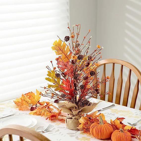 Glitzhome 20”H Fall Harvest Pumpkins Table Tree with Burlap Base Decorative Berries Leaves Tree... | Amazon (US)