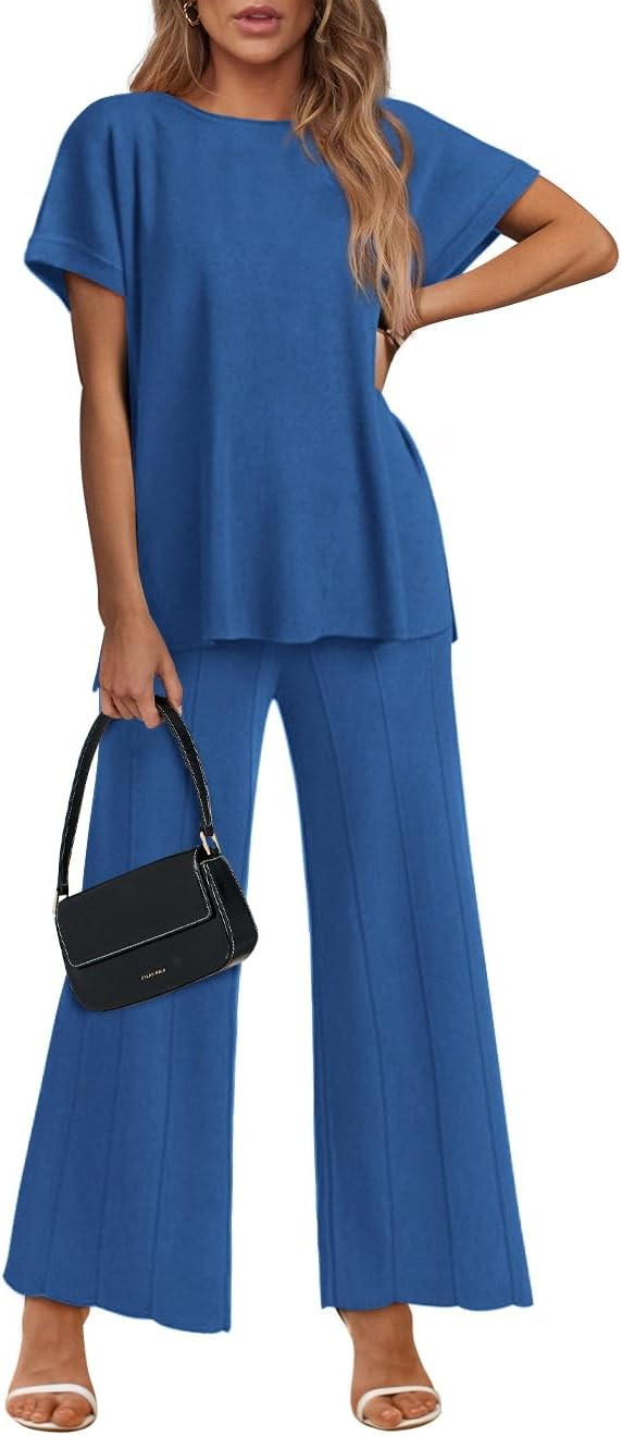 dowerme Women Two Piece Sets Summer Casual High-Low Hem Split Top Pleated Wide Leg Pant Knit Loun... | Amazon (US)