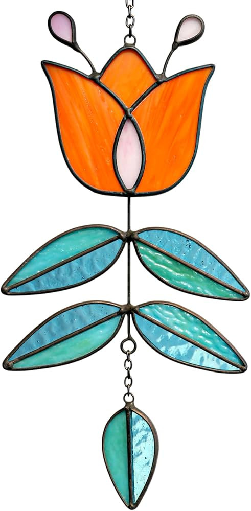 Coral Tulip Stained Glass Suncatcher, Folk Flower Stained Glass Window Hanging Sun Catcher, Retro... | Amazon (US)