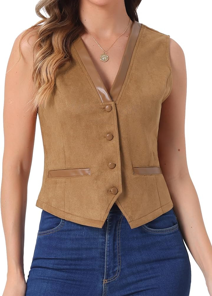 Allegra K Vintage Suit Waistcoat for Women's V Neck Faux Suede Button Down Sleeveless Jacket Vest | Amazon (US)