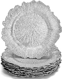 WUWEOT 12 Pack Silver Charger Plates, 13" Round Plastic Reef Plate Chargers with Flora Reef Desig... | Amazon (US)