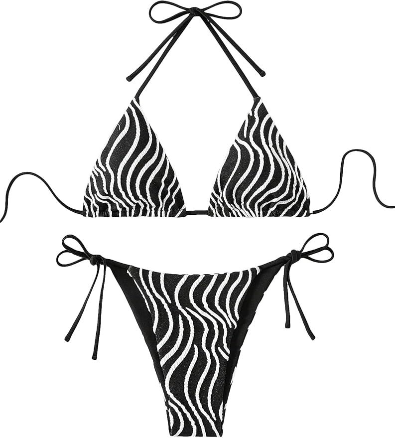 MakeMeChic Women's Two Piece Bikini Zebra Striped Bathing Suit Halter Triangle Tie Side Swimsuit | Amazon (US)