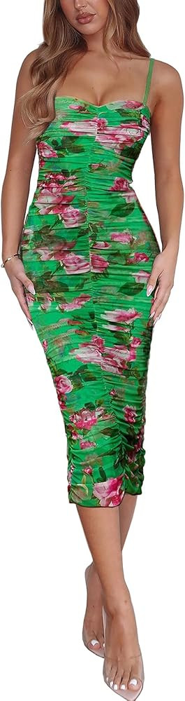 Women's 2026 Summer Floral Mesh Ruched Bodycon Dress Sexy Sleeveless Backless Cocktail Party Midi... | Amazon (US)
