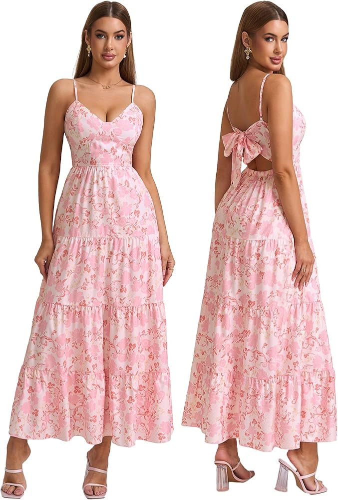 HTZMO Women Casual Summer Floral Maxi Sundress V Neck Spaghetti Strap Bow Tie Backless Flowy Boho... | Amazon (US)