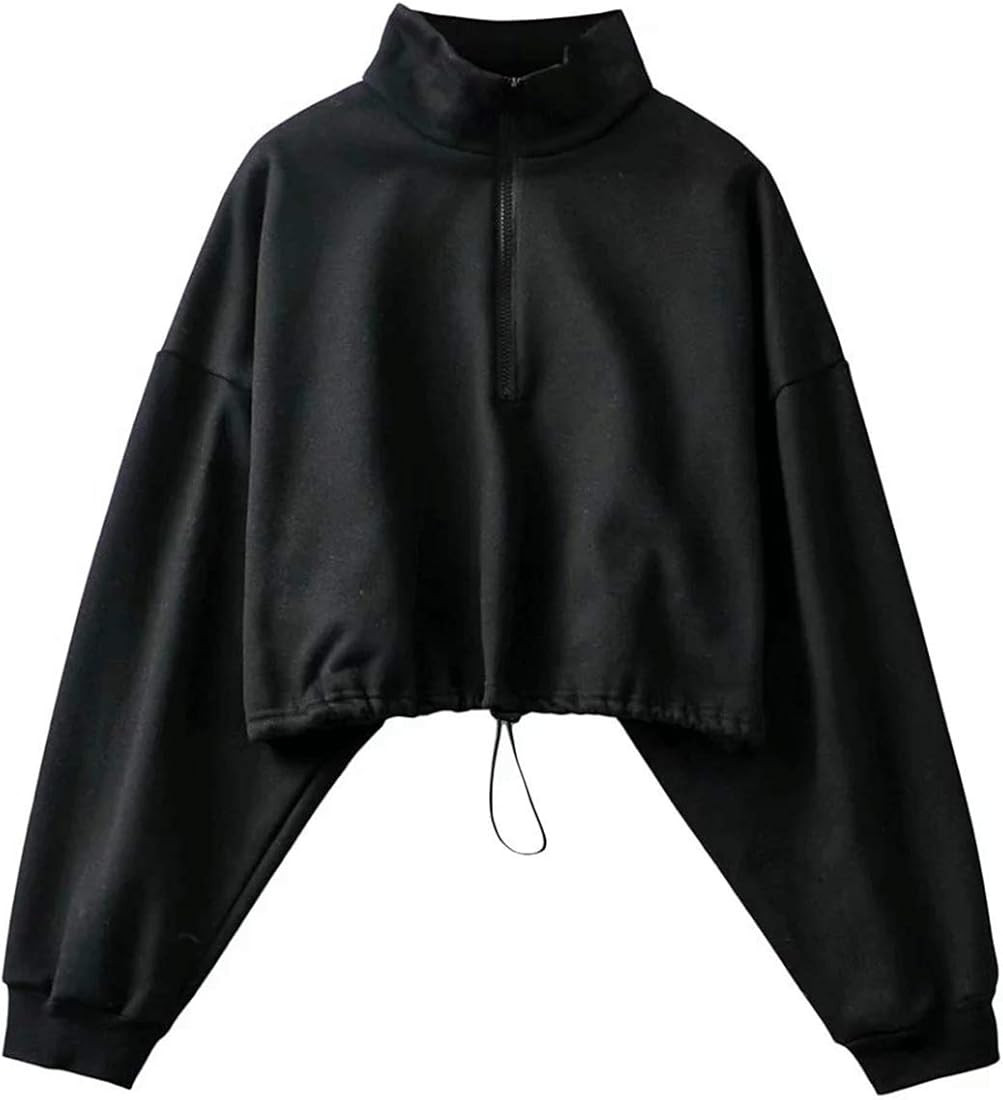 Haellun Women's Long Sleeve Half Zip Fleece Lined Crop Top Pullover Sweatshirt | Amazon (US)